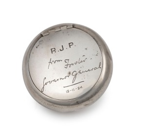 WILLIAM DRUMMOND & CO. of Melbourne sterling silver presentation tobacco box engraved in script with signature "R.J.P. From Forster Governor General 12-11-24", made in Birmingham, circa 1920, 7cm diameter, 78 grams