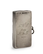 HORSE RACING antique sterling silver vesta with repousse decoration, engraved "To W. S. from L. De G. 1-1-99", made in Birmingham, circa 1890, 5.5cm high - 2