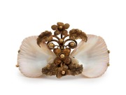 An antique 18ct yellow gold and shell brooch with floral decoration, 19th century, stamped "18C. F.B.&CO.", 5cm wide, 14.3 grams total including shells