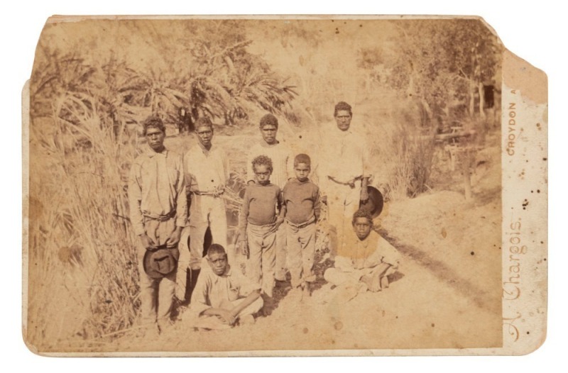 ALPHONSE CHARGOIS (1860-1936), Aboriginal men and boys, 1890s, albumen paper photograph laid down on the photographer's cabinet card, inscribed on margin in text "A. Chargois. Croydon [and Normanton]", image 10 x 14.5cm. Although not titled nor annotated,