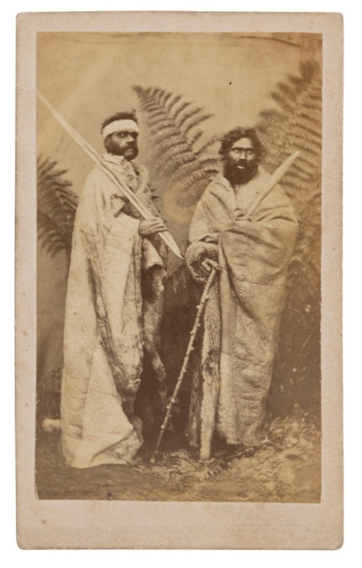 FREDERICK KRUGER (1831-88), William Gillman (Goulburn Tribe) and Johnny Terrick (Echuca Tribe), circa 1878, albumen paper photograph carte-de-visite, overall 10.2 x 6.2cm; with inked inscription verso "Terrick, Gilman, Goulburn Tribe". Known to be from a