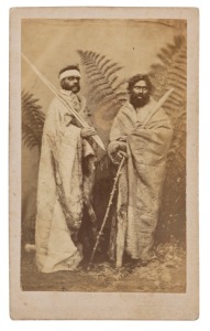 FREDERICK KRUGER (1831-88), William Gillman (Goulburn Tribe) and Johnny Terrick (Echuca Tribe), circa 1878, albumen paper photograph carte-de-visite, overall 10.2 x 6.2cm; with inked inscription verso "Terrick, Gilman, Goulburn Tribe". Known to be from a series of portraits of residents of Corranderrk Mission, commissioned from Kruger in 1877-78 by the Board for the Protection of Aborigines.