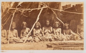 NICHOLAS CAIRE (and possibly others), group of ten albumen paper photographs, depicting Australian Aborigines and Indigenous life, all titled in the plate, including "Family Mia Mia", "Native Encampment River Murray", "Camp of Young Lubras", "Kangaroo Hunting", "King John's Mia Mia", "Lubra and Pegganini", "Native Bark Canoes, Moira", etc., each approx. 5.5 x 9.5 cm. (10). Provenance: The Denis Joachim Collection, Part 2, 28 June 2017, Lot 45.