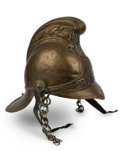 METROPOLITAN FIRE BRIGADE brass helmet with original leather insert, stamped "RIDER & BELL MAKERS, SIZE 9 ⅜", with additional inventory stamp "559"