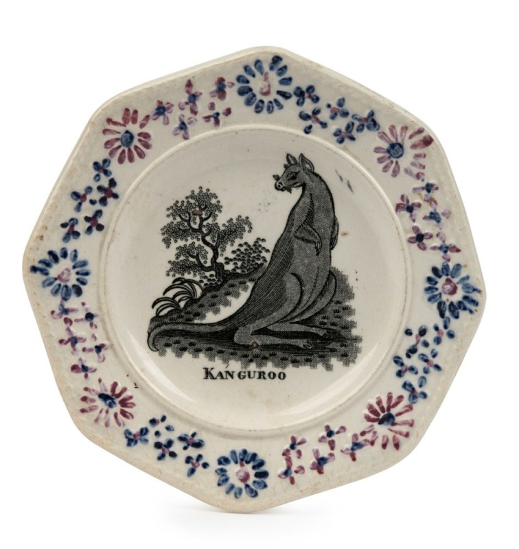 STAFFORDSHIRE rare "Kanguroo" antique English pearlware nursery plate, taken from the George Stubbs image of the same title, being the first Western depiction of a kangaroo, 19th century, 14.5cm wide