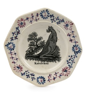STAFFORDSHIRE rare "Kanguroo" antique English pearlware nursery plate, taken from the George Stubbs image of the same title, being the first Western depiction of a kangaroo, 19th century, 14.5cm wide