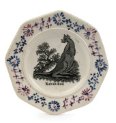 STAFFORDSHIRE rare "Kanguroo" antique English pearlware nursery plate, taken from the George Stubbs image of the same title, being the first Western depiction of a kangaroo, 19th century, 14.5cm wide