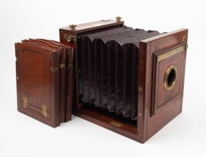 MARION: Mahogany 21.5 x 16.5cm plate tailboard camera, c. 1890s, with three double-dark slides and spare front element.