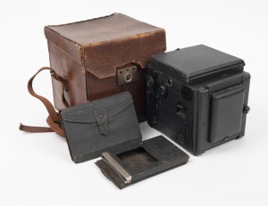 ICA: 'Reflex' 8 x 10.5cm plate SLR camera, c. 1914, with Carl Zeiss Jena Tessar 15cm f4.5 lens [#527582]. Offered in leather case with wallet containing three double-dark slides.