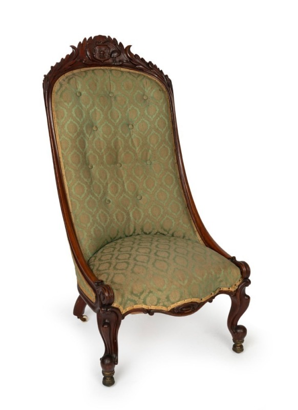 A rare antique colonial blackwood chair on carved legs with scrolled top, circa 1865; with green jacquard upholstery. The top back of the chair has a carved HOBART TOWN Coat of Arms incorporating the latin "Sic Fortis Hobartia [Crevit]" (Thus grew Hobart