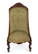 A rare antique colonial blackwood chair on carved legs with scrolled top, circa 1865; with green jacquard upholstery. The top back of the chair has a carved HOBART TOWN Coat of Arms incorporating the latin "Sic Fortis Hobartia [Crevit]" (Thus grew Hobart - 2