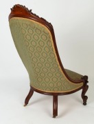 A rare antique colonial blackwood chair on carved legs with scrolled top, circa 1865; with green jacquard upholstery. The top back of the chair has a carved HOBART TOWN Coat of Arms incorporating the latin "Sic Fortis Hobartia [Crevit]" (Thus grew Hobart - 6