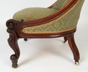 A rare antique colonial blackwood chair on carved legs with scrolled top, circa 1865; with green jacquard upholstery. The top back of the chair has a carved HOBART TOWN Coat of Arms incorporating the latin "Sic Fortis Hobartia [Crevit]" (Thus grew Hobart - 8