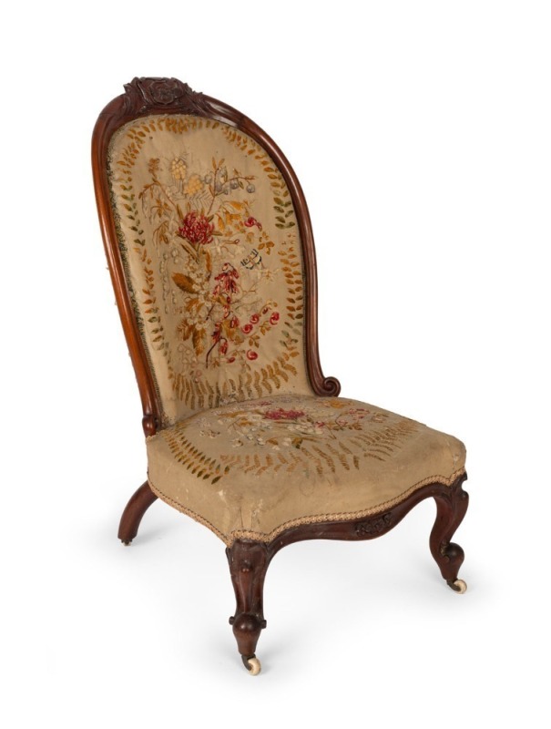 [CIRCLE OF LOUISA ANN MEREDITH] A rare and significant cedar chair with native wildflower embroidery in the manner of Louisa Ann Meredith, the top back of the chair has a rare carved HOBART TOWN Coat of Arms incorporating the latin "Sic Fortis Hobartia [C