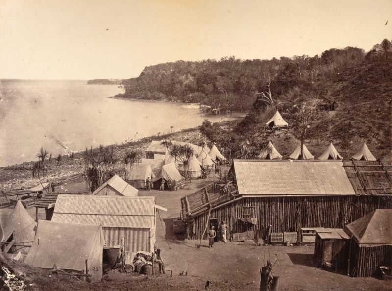 [NORTHERN TERRITORY] Port Darwin, photograph, circa 1880s, 15.5 x 21cm laid down on album page backed with two additional photographs, "Fitzroy River" (12 x 18cm) and "Rockhampton - Main Street" (10 x 15cm), all annotated in a neat hand. (3).