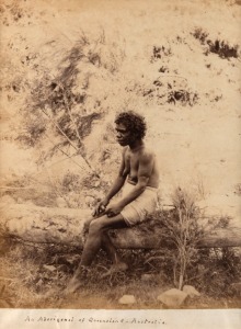 "An Aboriginal of Queensland - Australia", circa 1880, albumen paper photograph laid down on paper and annotated in pen below the image; 22 x 17cm; framed and glazed, overall 53 x 42.5cm.