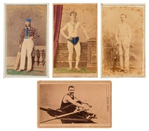 CARTES-DE-VISITE - SPORTING SUBJECTS: Two unknown cricketers (one hand coloured, the other by M.Moss of West Maitland, N.S.W.), a sprinter (hand coloured, by The Royal Studio, George St., Sydney), and the sculler, George Perkins, the English Champion who came to Australia to compete in 1886. (4 items). Sporting subjects are rare.