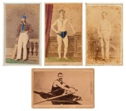 CARTES-DE-VISITE - SPORTING SUBJECTS: Two unknown cricketers (one hand coloured, the other by M.Moss of West Maitland, N.S.W.), a sprinter (hand coloured, by The Royal Studio, George St., Sydney), and the sculler, George Perkins, the English Champion who