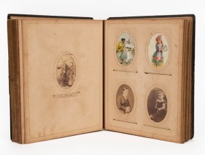 A rather dilapidated leather-bound photo album with colour lithographic title page and decorations, containing a very diverse range of cartes-de-visite - Australian, English studios, famous people - writers, performers, royalty, African-American subjects - as well as private sitters; includes some postcards and larger images. Mixed condition. (90+ items).