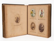 A rather dilapidated leather-bound photo album with colour lithographic title page and decorations, containing a very diverse range of cartes-de-visite - Australian, English studios, famous people - writers, performers, royalty, African-American subjects 