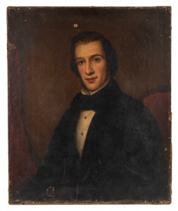 ARTIST UNKNOWN, (19th century portrait of a gentleman), oil on canvas (no frame), note: circa 1888 Sydney Morning Herald newspaper page affixed verso, 77 x 64cm