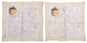 A superb pair of embroidered and silk handkerchiefs, both with colourful embroidered "Happy Christmas" messages surrounded by holly and blooms; both then with added text in ink "6th Australian Field Ambulance Xmas Dinner 1917" with the signatures of numerous (if not all) the members of the Company who were present for the celebration. We have not attempted to count the signatures but note that both handkerchiefs carry different names. Remarkable survivors of life on the front lines in France. (2