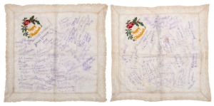 A superb pair of embroidered and silk handkerchiefs, both with colourful embroidered "Happy Christmas" messages surrounded by holly and blooms; both then with added text in ink "6th Australian Field Ambulance Xmas Dinner 1917" with the signatures of numer