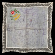 A superb pair of embroidered and silk handkerchiefs, both with colourful embroidered "Happy Christmas" messages surrounded by holly and blooms; both then with added text in ink "6th Australian Field Ambulance Xmas Dinner 1917" with the signatures of numer - 3