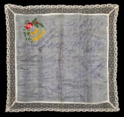 A superb pair of embroidered and silk handkerchiefs, both with colourful embroidered "Happy Christmas" messages surrounded by holly and blooms; both then with added text in ink "6th Australian Field Ambulance Xmas Dinner 1917" with the signatures of numer - 4