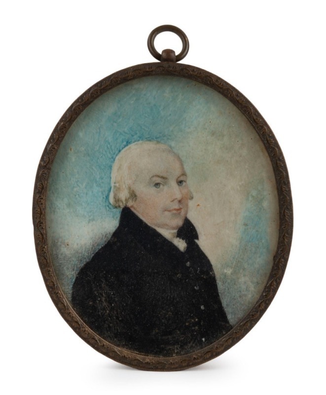 An antique English miniature portrait of a gentleman in a black coat, early 19th century, 8 x 7cm overall