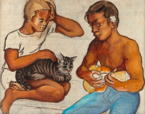 EUGENE BARANY (1912-1979) (attributed), (two boys with cat and ukulele), unfinished work, oil on board, 43 x 54cm, 58 x 69cm overall