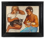 EUGENE BARANY (1912-1979) (attributed), (two boys with cat and ukulele), unfinished work, oil on board, 43 x 54cm, 58 x 69cm overall - 2