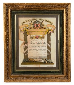 MASONIC INTEREST: Leather case of antique regalia with embossed ownership details "Present To Past Arch Bro. W. H. Withers By The Boadicea Lodge, No. 249, Jan. 1896"; together with a framed certificate adorned with waratah, wattle and kangaroo "Grand Australian Banner, Royal Antediluvian Order of Buffaloes", (2 items), the case 37cm wide, the frame 67 x 57cm overall