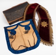 MASONIC INTEREST: Leather case of antique regalia with embossed ownership details "Present&nbsp;To Past Arch Bro. W. H. Withers By The Boadicea Lodge, No. 249, Jan. 1896"; together with a framed certificate adorned with waratah, wattle and kangaroo "Grand Aust - 2