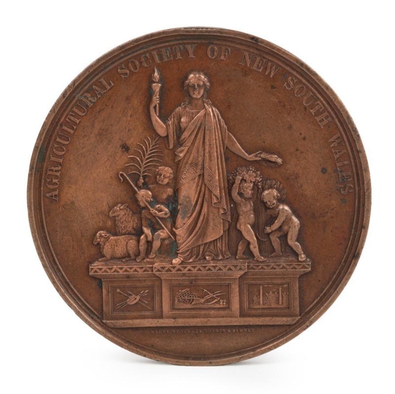 MEDAL: AGRICULTURAL SOCIETY OF NEW SOUTH WALES, large bronze medal by Hardy Brothers, awarded in 1870 to Messrs. Law. Somner & Co., Class 289.290; 88mm.