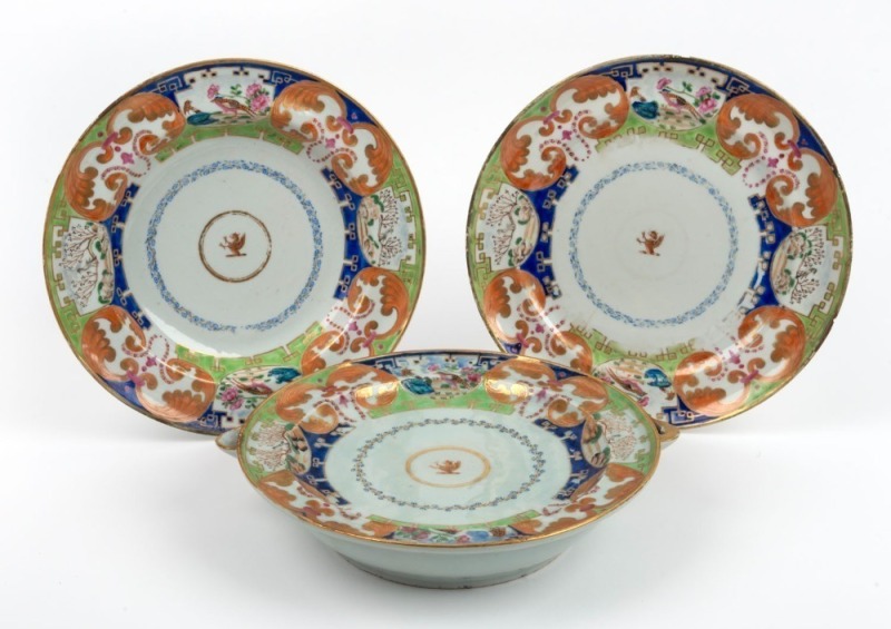 Lt. HANBURY CLEMENTS antique Chinese Export Ware porcelain warming dish, plate and bowl, all adorned with demi-griffin of the Clements crest, circa 1820, (3 items), the warming dish 27.5cm wide