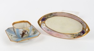 MAMIE VENNER hand-painted porcelain dish; together with a MAIDA WRIGHT porcelain coffee cup and saucer hand-painted with kookaburra and wattle motif, (3 items), the dish 15.5cm wide