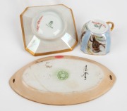 MAMIE VENNER&nbsp;hand-painted porcelain dish; together with a MAIDA WRIGHT porcelain coffee cup and saucer hand-painted with kookaburra and wattle motif, (3 items), the dish 15.5cm wide - 2