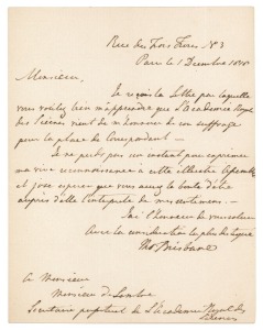 SIR THOMAS BRISBANE (1773 - 1860), Sixth Governor of NEW SOUTH WALES (1821 - 1825): An autographed lettersheet, written in French and headed "Rue des Trois Frères No.3, Paris le 1 Decembre 1818" to the Secretary of the Royal Academy of Science, and signed "Tho. Brisbane". The letter is to express his gratitude for the vote in favour of his appointment as an official correspondent to the Academy.