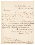 SIR THOMAS BRISBANE (1773 - 1860), Sixth Governor of NEW SOUTH WALES (1821 - 1825): An autographed lettersheet, written in French and headed&nbsp;"Rue&nbsp;des&nbsp;Trois&nbsp;Fr&egrave;res&nbsp;No.3, Paris le 1 Decembre 1818" to the Secretary of the Royal Academy of Science, and signed