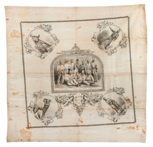 "The Australian Cricket Team" of 1878, commemorative handkerchief printed with central group team portrait and 4 corner roundels (Murdoch, Spofforth, Bannerman & Blackham), all within elaborate decorative borders with title banner and arms, printed on white linen, "Registered Sept. 1878", overall 66 x 66cm.