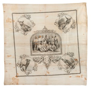 "The Australian Cricket Team" of 1878, commemorative handkerchief printed with central group team portrait and 4 corner roundels (Murdoch, Spofforth, Bannerman & Blackham), all within elaborate decorative borders with title banner and arms, printed on whi