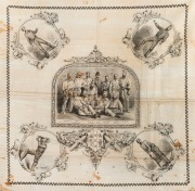 "The Australian Cricket Team" of 1878, commemorative handkerchief printed with central group team portrait and 4 corner roundels (Murdoch, Spofforth, Bannerman & Blackham), all within elaborate decorative borders with title banner and arms,&nbsp;printed on whi - 2