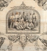 "The Australian Cricket Team" of 1878, commemorative handkerchief printed with central group team portrait and 4 corner roundels (Murdoch, Spofforth, Bannerman & Blackham), all within elaborate decorative borders with title banner and arms,&nbsp;printed on whi - 3