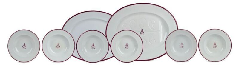 ALLPORT FAMILY, TASMANIA. Two antique English meat platters and six matching bowls with burgundy and gilt border and emblazoned with Allport family crest and motto “L’AMOR ET L’ESPERANCE”, circa 1870s, stamped “Wm. FAIRBAIRNS”, ​​​​​​​the platter 53.5m wi