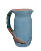 PHILIPPA JAMES blue glazed pottery jug with pink interior and applied gumnuts and leaf, incised "Philippa James", 16.5cm high