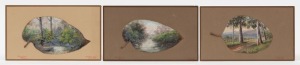 Three Australian Folk Art hand-painted gum leaves painted on card, titled "Erskine River, Lorne, Victoria", "River Erskine, Lorne, Victoria" and the final example not titled but signed (illegible) in the lower margin, early 20th century, each card mount 14.5 x 25cm overall