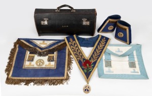 REGALIA OF LOCKSLEY, JOSEPH CLIVE HICKS attractively embroidered with waratah motif and gilt initials, in Masonic fitted leather case, circa 1920s, accompanied by assorted booklets, the case 51cm wide