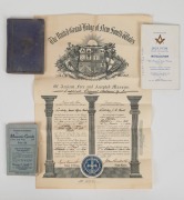 REGALIA OF LOCKSLEY, JOSEPH CLIVE HICKS attractively embroidered with waratah motif and gilt initials, in Masonic fitted leather case,&nbsp;circa 1920s, accompanied by assorted booklets, the case 51cm wide - 2