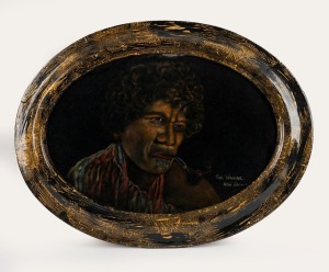 Two vintage New Zealand Maori oval portrait paintings on black velvet, one titled "The Wahine, New Zealand", 33 x 50cm each